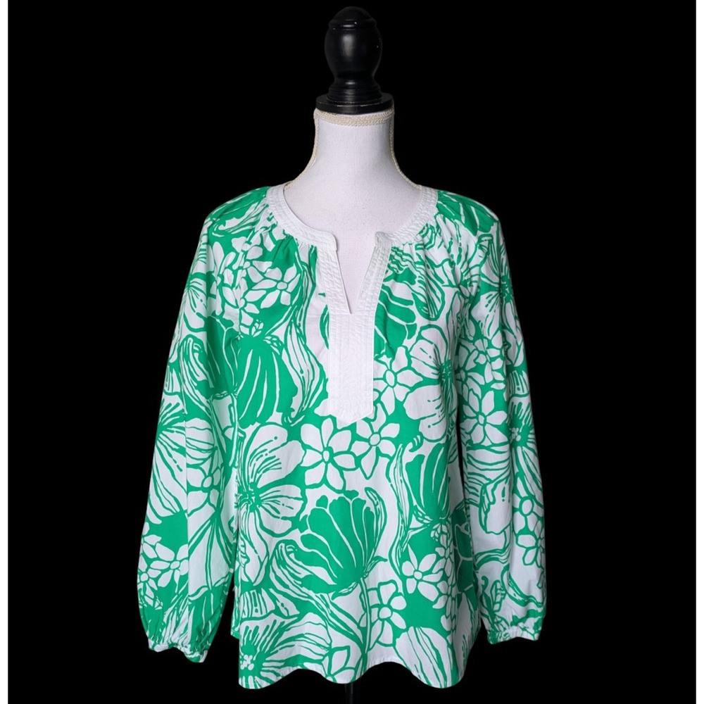 Lilly Pulitzer Camryn Tunic in Green White Oversized Kiss My Tuli Blouse Size XS